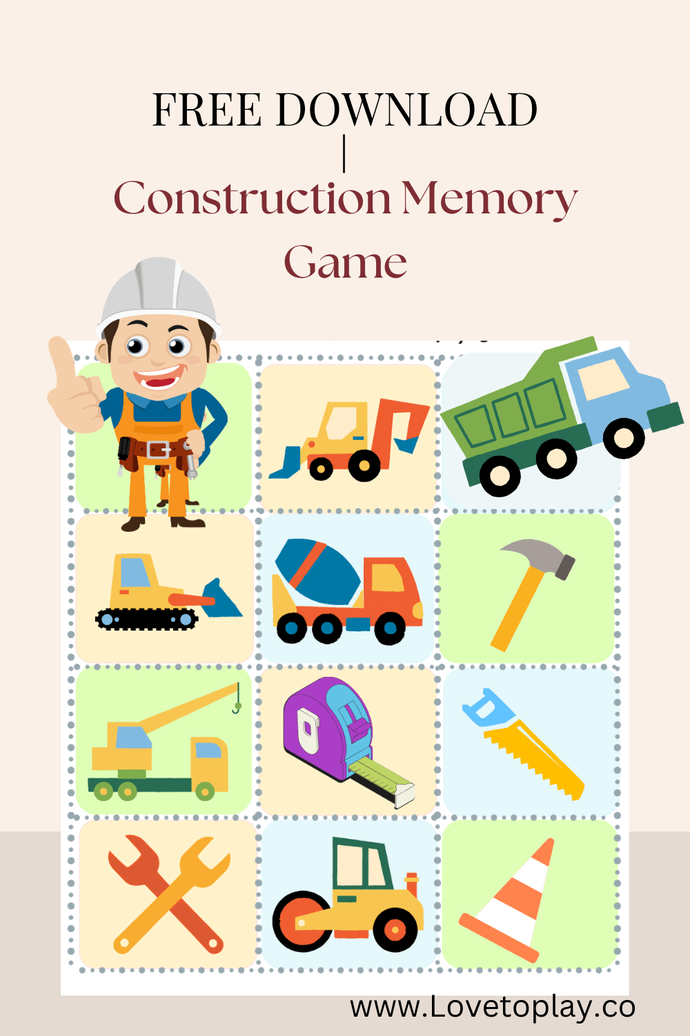 Construction memory game free printable