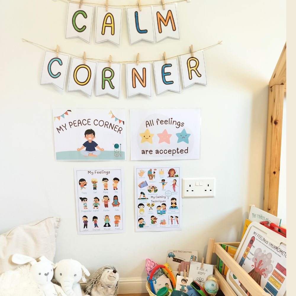 Calm Corner setup with calming techniques posters and affirmation cards